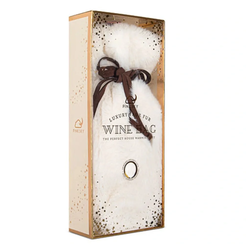 Pink Sky Luxury White Faux Fur Wine Bag with Tie String Closure